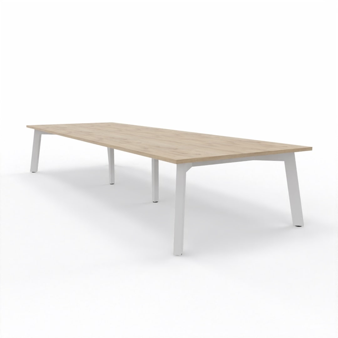 Large XXL Boardroom table with light brown oak top and 4 legged white steel frame on a light grey background