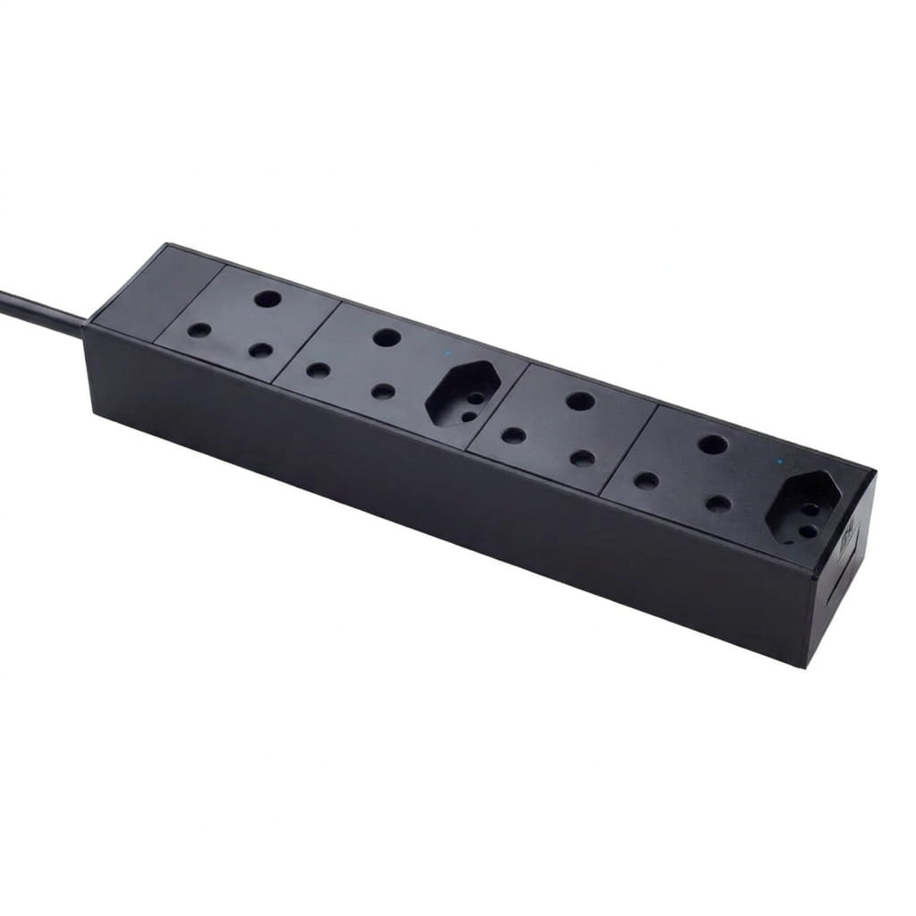 Under-desk power grid in graphite with four SA 3-pin and two compact sockets