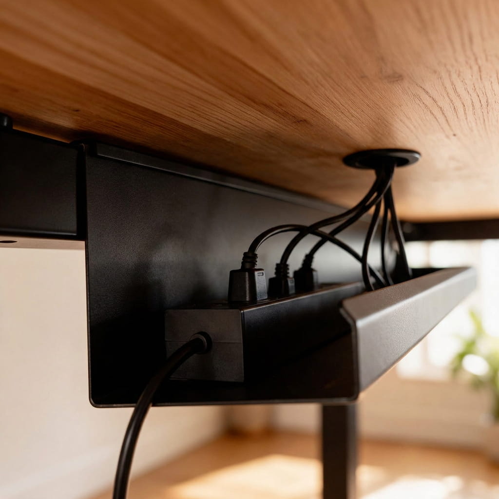 Under-desk power grid in use beneath a desk