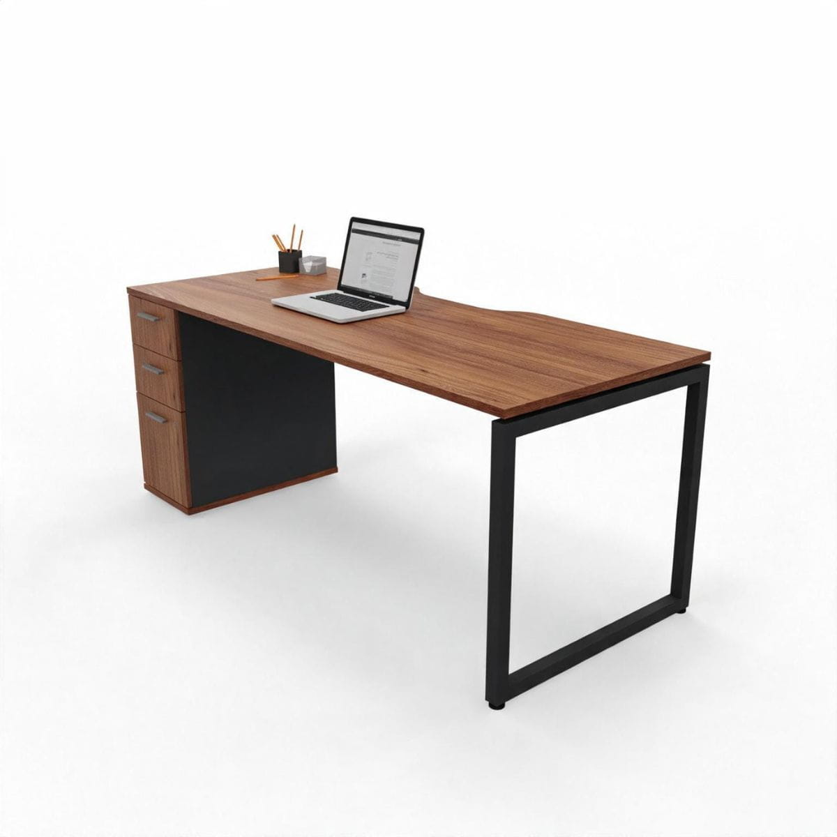 The Solo Desk with Storage, detail of the desktop and steel frame