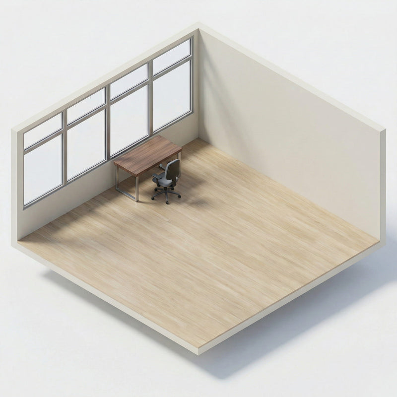 Isometric view of a modern office space with desk with chair near large windows.