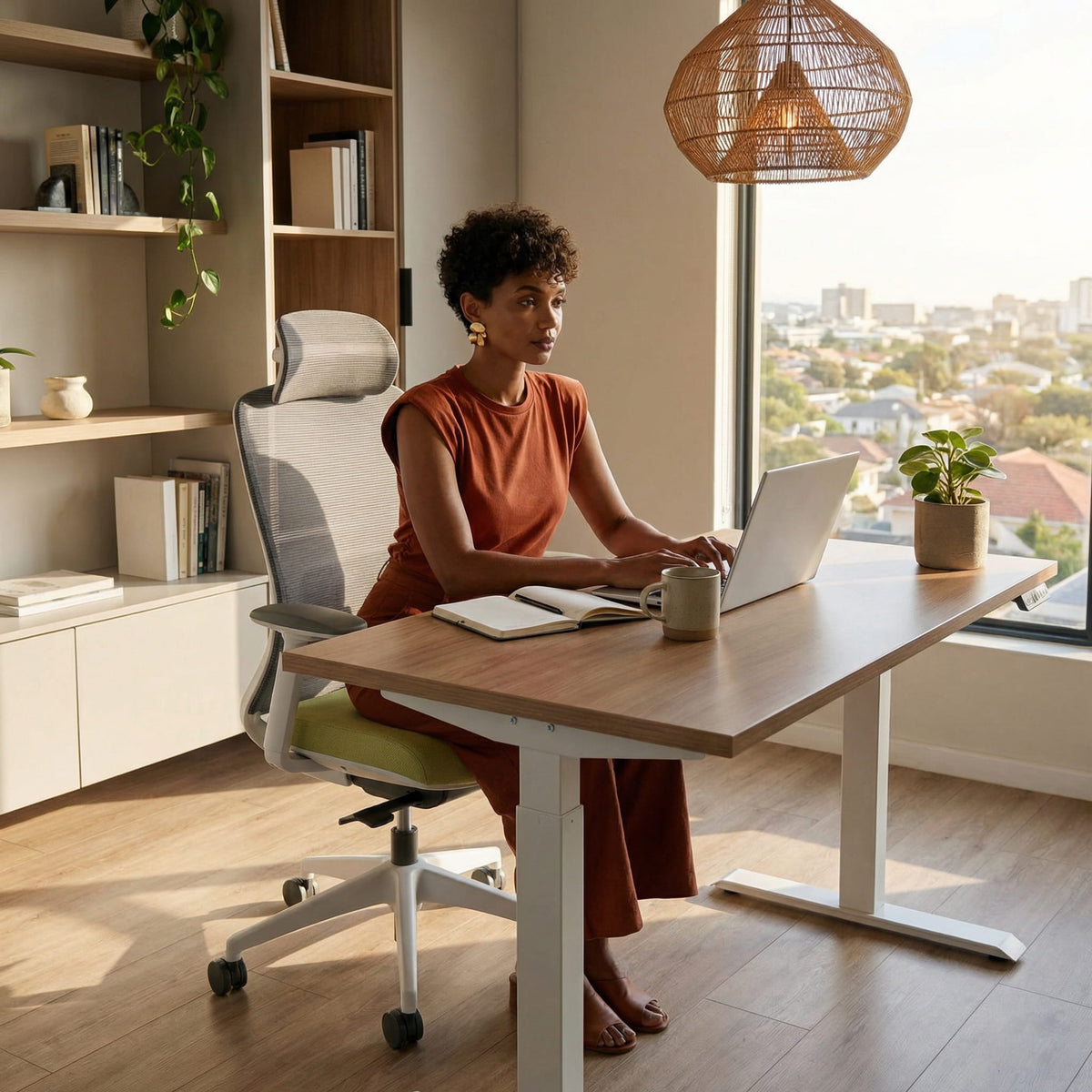 Black woman sitting on ergonomic chair in a office space 