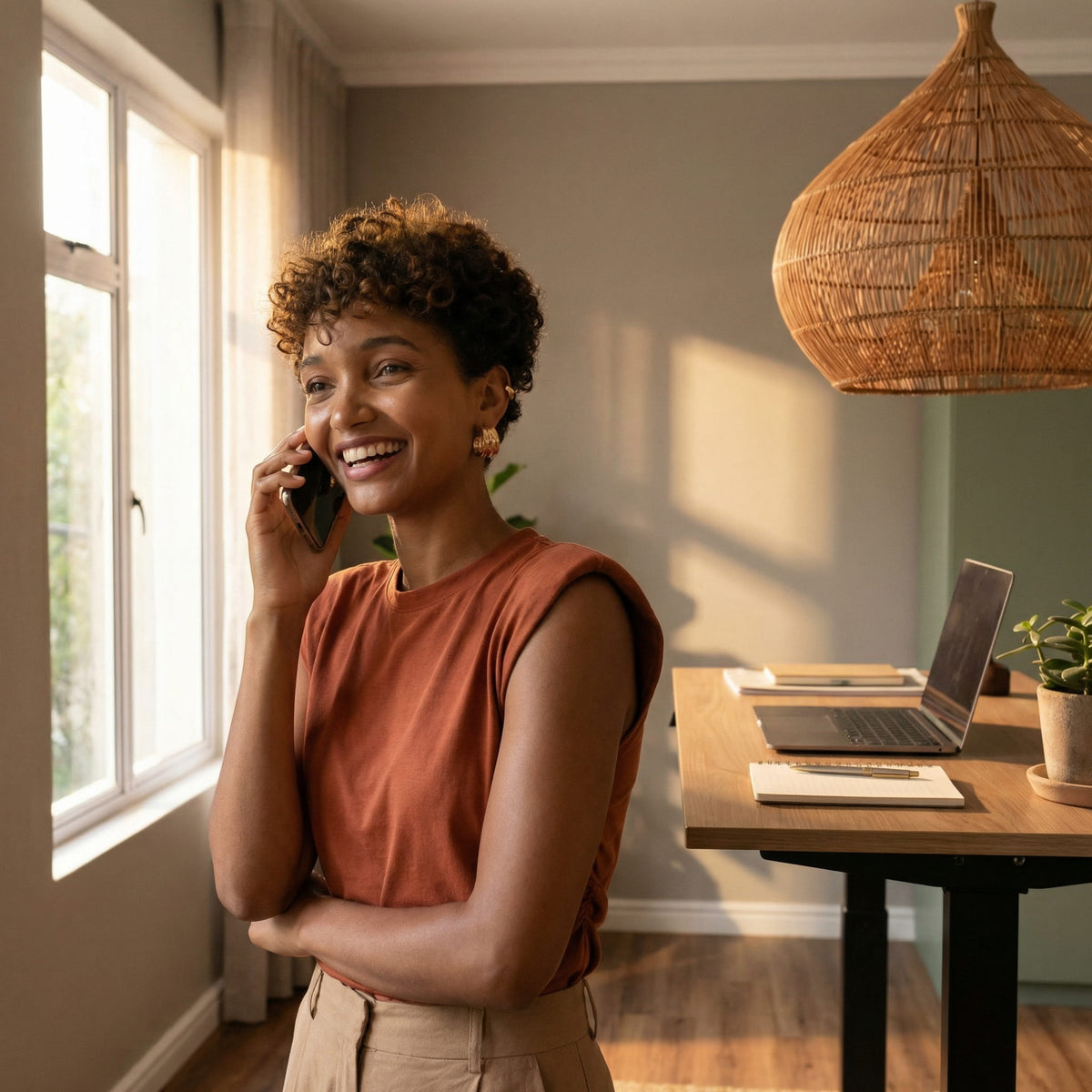 Woman working at sit stand desk in home office