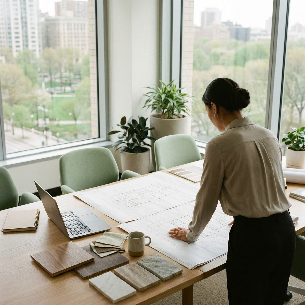 Person working at a desk in a office space 
