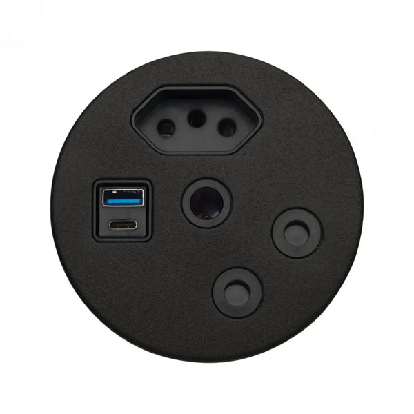 In-desk power module in black with SA sockets and USB-A and USB-C ports
