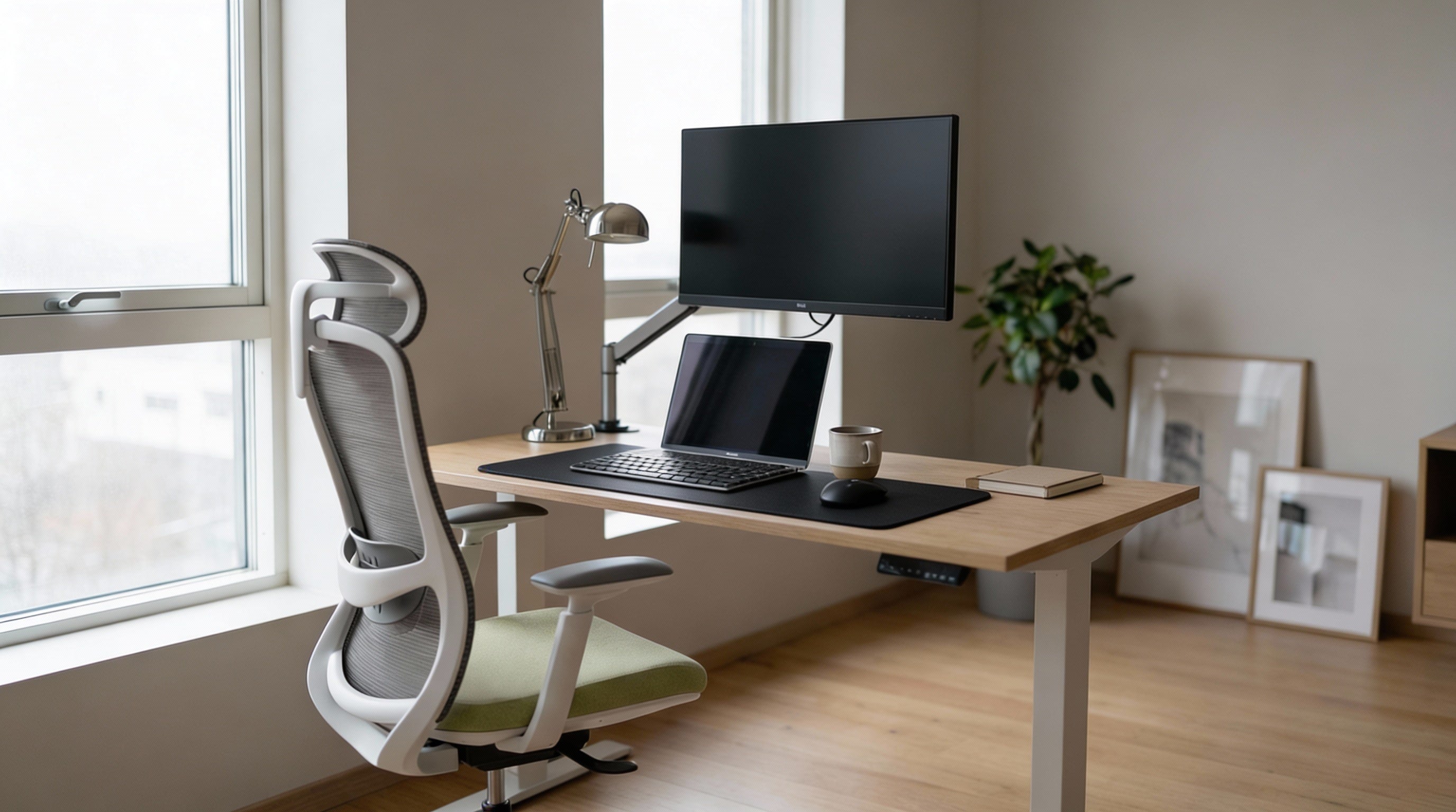 Modern home office with a height adjustable desk, ergonomic office chair, and laptop connect to a screen on a monitor arm.