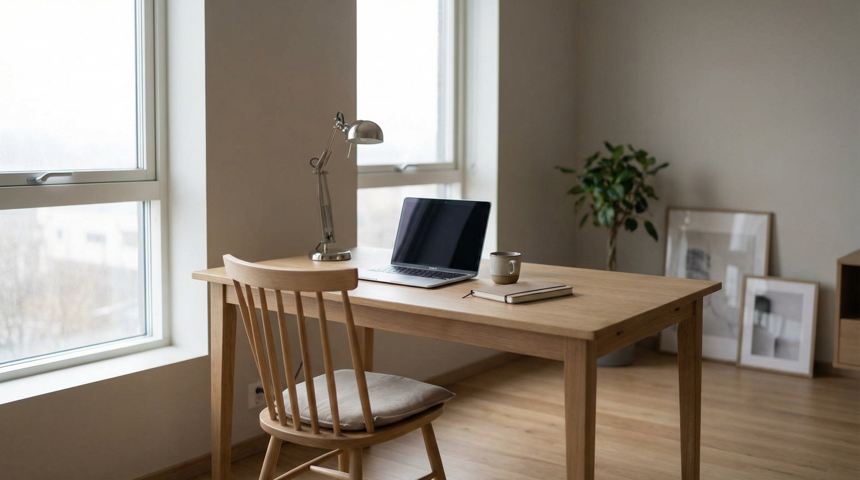 Home office with wooden desk, chair, laptop, and decor.