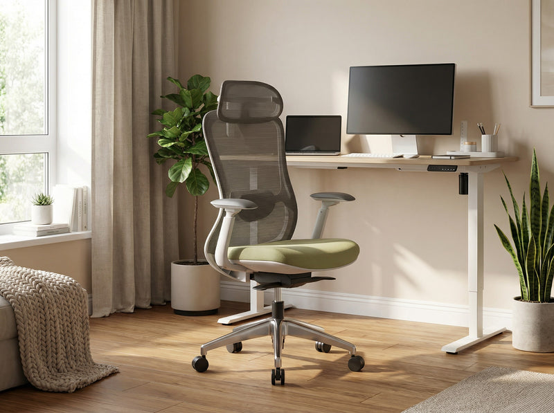 Ergonomic office chair in a home office setting with a height adjustable desk and computer setup.