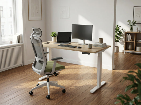 Modern office setup with a white height adjustable desk, white ergonomic office chair, and computer in a bright room.