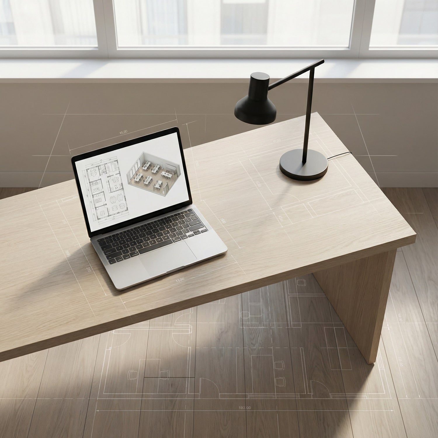 Computer on a desk with a lamp next to it