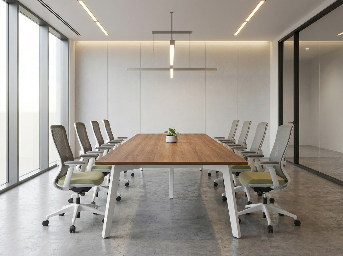 Modern conference room with a long boardroom table with wooden top and white steel frame legs and white ergonomic chairs.