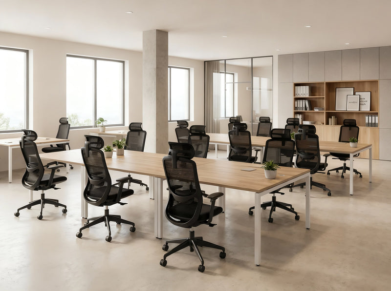 Modern office with white and oak fixed steel frame desks and black ergonomic office chairs in a well-lit room
