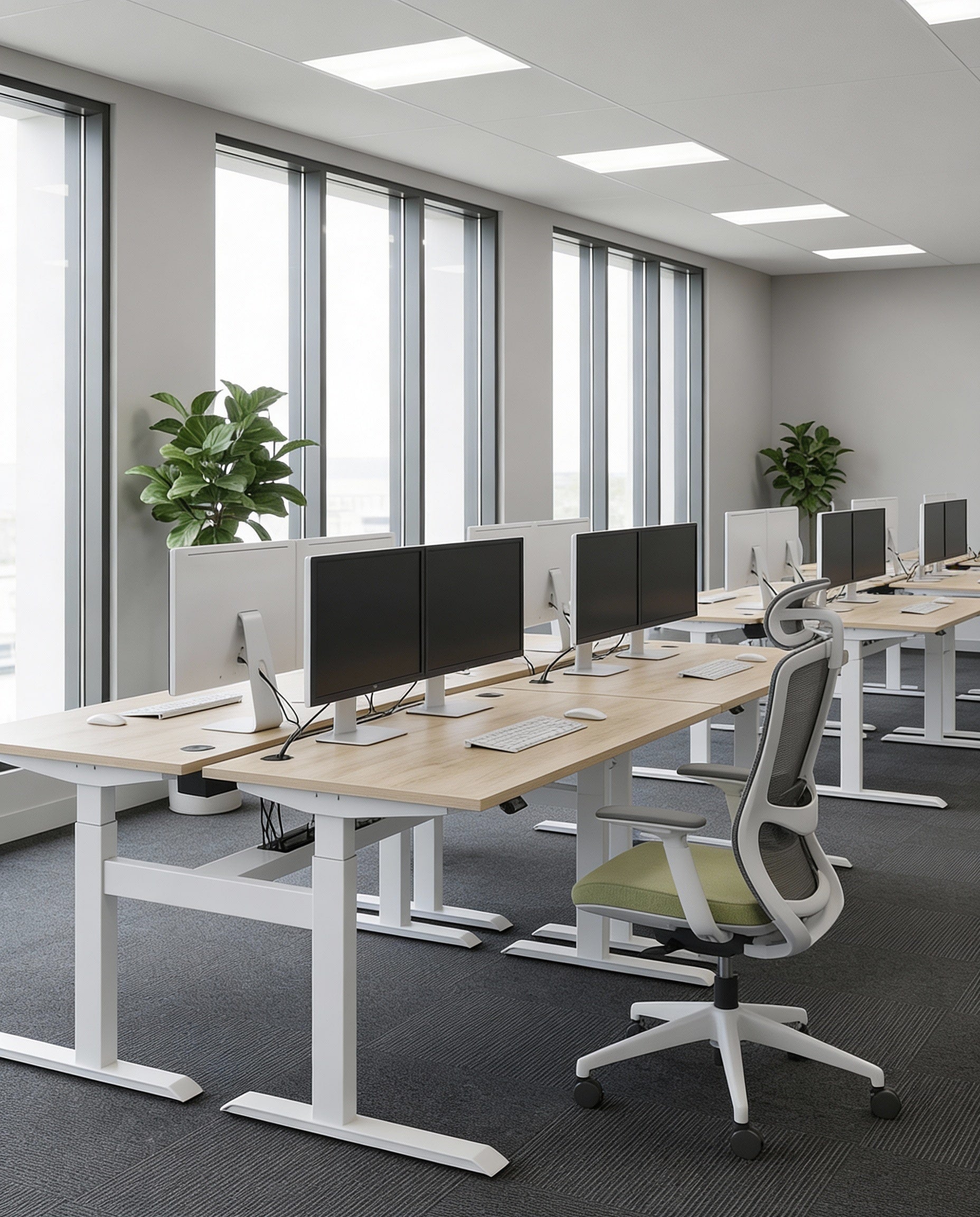 Modern office setup with sit stand desks, ergonomic chairs, and computer monitors in a bright room.