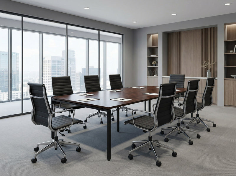 Modern conference room with a large wooden boardroom table and black leather meeting room chairs in front of large windows with cityscape view.