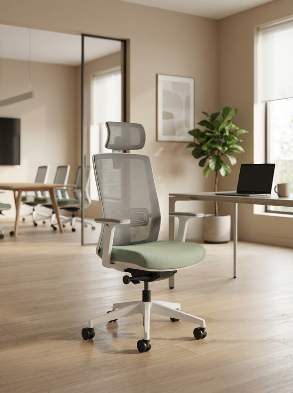 Modern white office chair with green seat in a bright, minimalistic office setting with a desk and plants.
