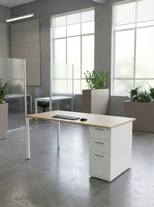 Modern office desk with built in storage with a computer setup in a bright office space.