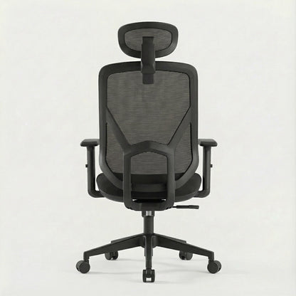 Black ergonomic office chair with mesh back and a mesh headrest on a white background