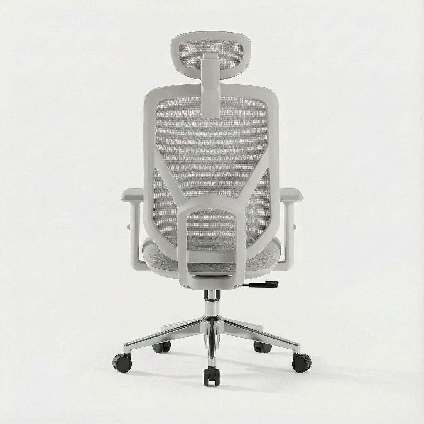 Gray ergonomic office chair with mesh back, mesh headrest, and chrome base on a white background