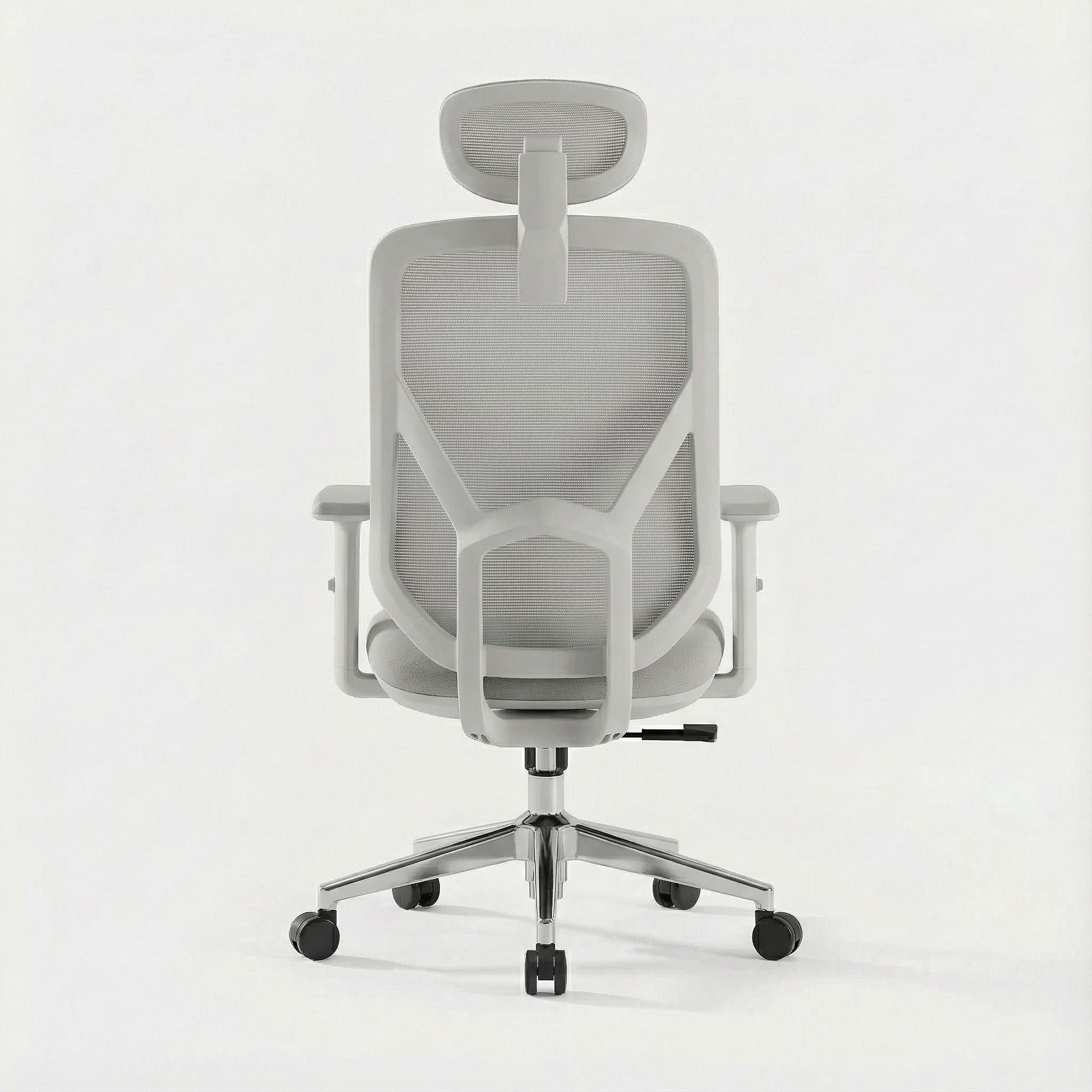 Gray ergonomic office chair with mesh back, mesh headrest, and chrome base on a white background