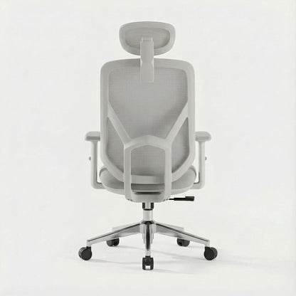 Gray ergonomic office chair with mesh back, mesh headrest, and chrome base on a white background