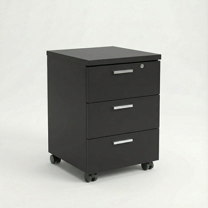 Black mobile storage unit with three drawers and silver handles on black caster wheels in a white studio background 