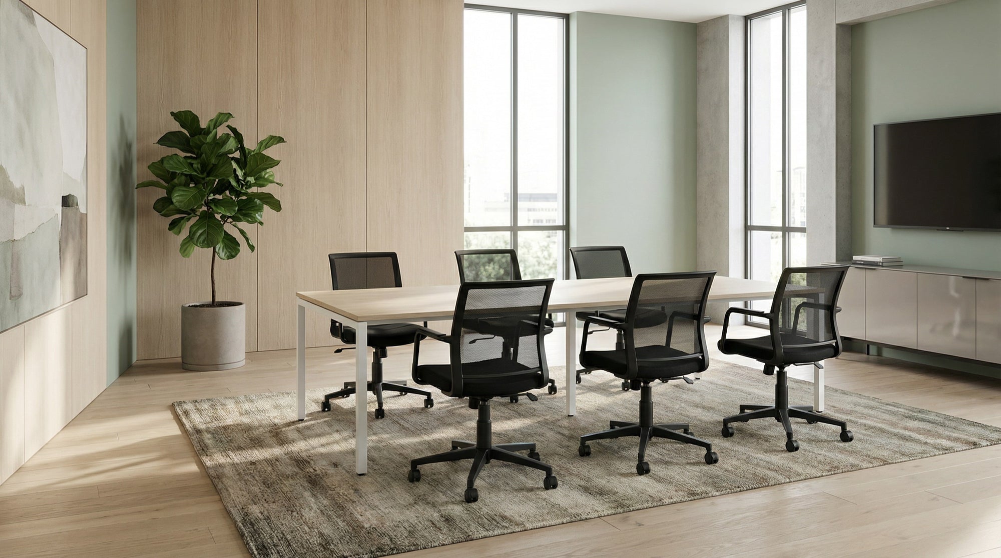 Boardroom with a wooden boardroom table with boardroom chairs 