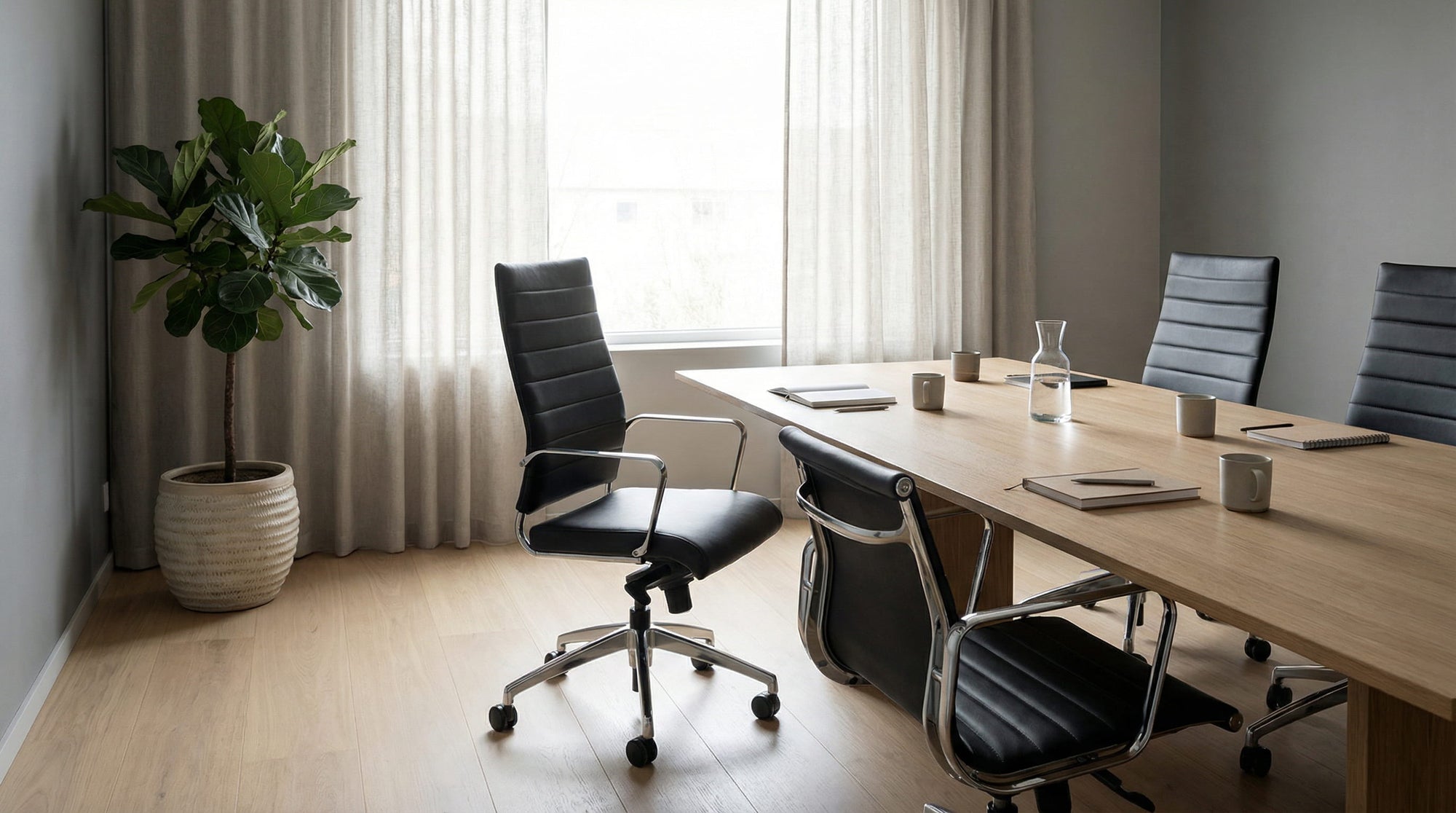 Image of boardroom chairs in a modern office space meeting room with black bonded leather and chrome arm rest and chrome bases