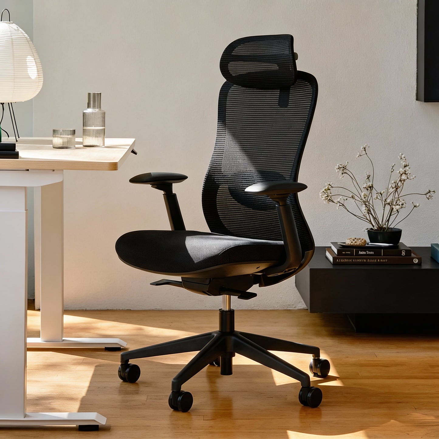 Black Ergonomic office chair with mesh back and headrest next to a height adjustable sit stand desk
