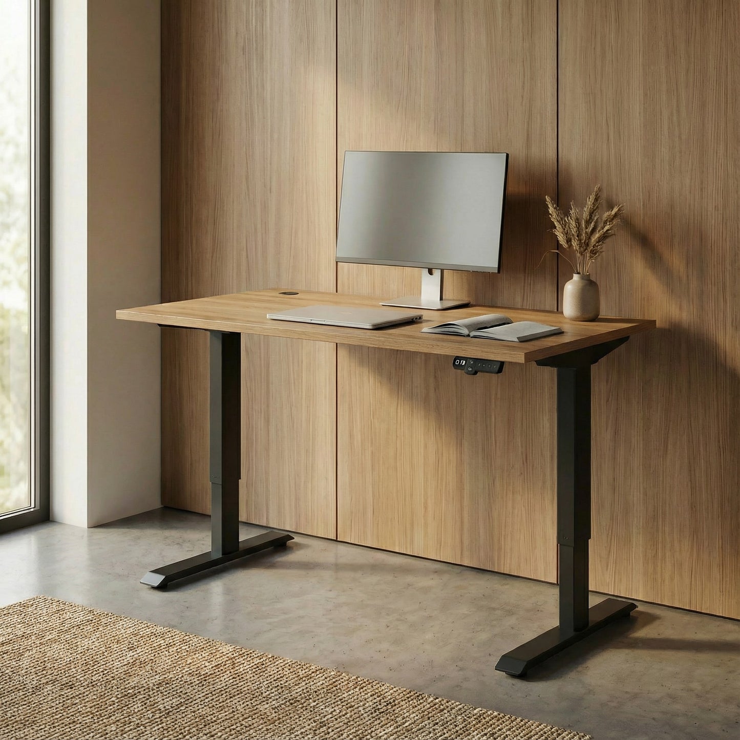 Wooden height adjustable desk with a computer setup against a wooden wall.