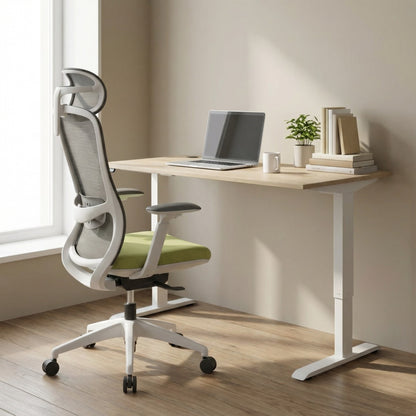 Modern office setup with a adjustable sit stand desk and white ergonomic chair with mesh headrest 