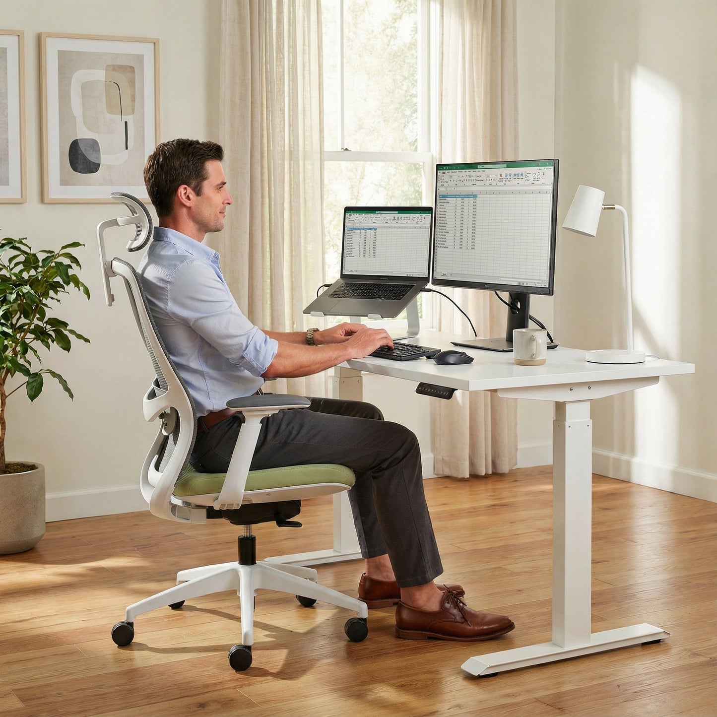 White Man sitting on a ergonomic office chair at a modern office desk with two monitors and a laptop.