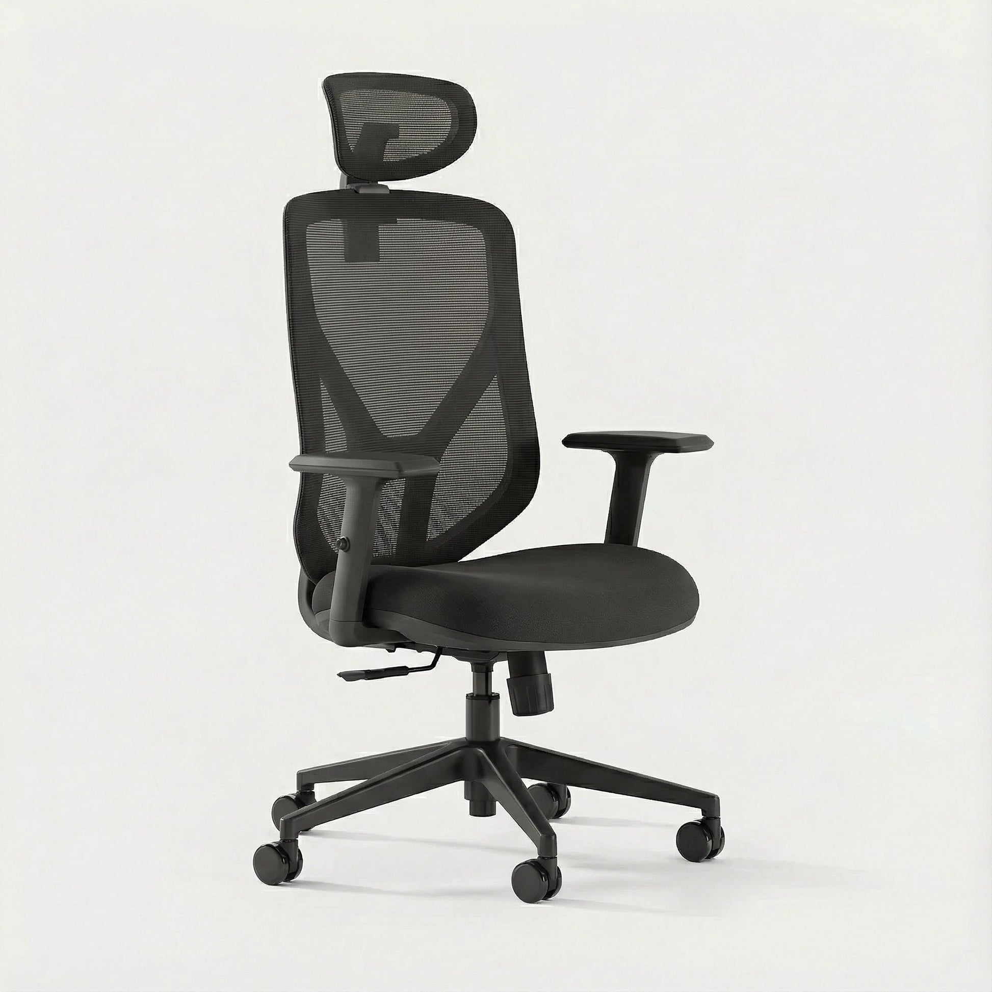 Black ergonomic office chair with mesh back on a white background