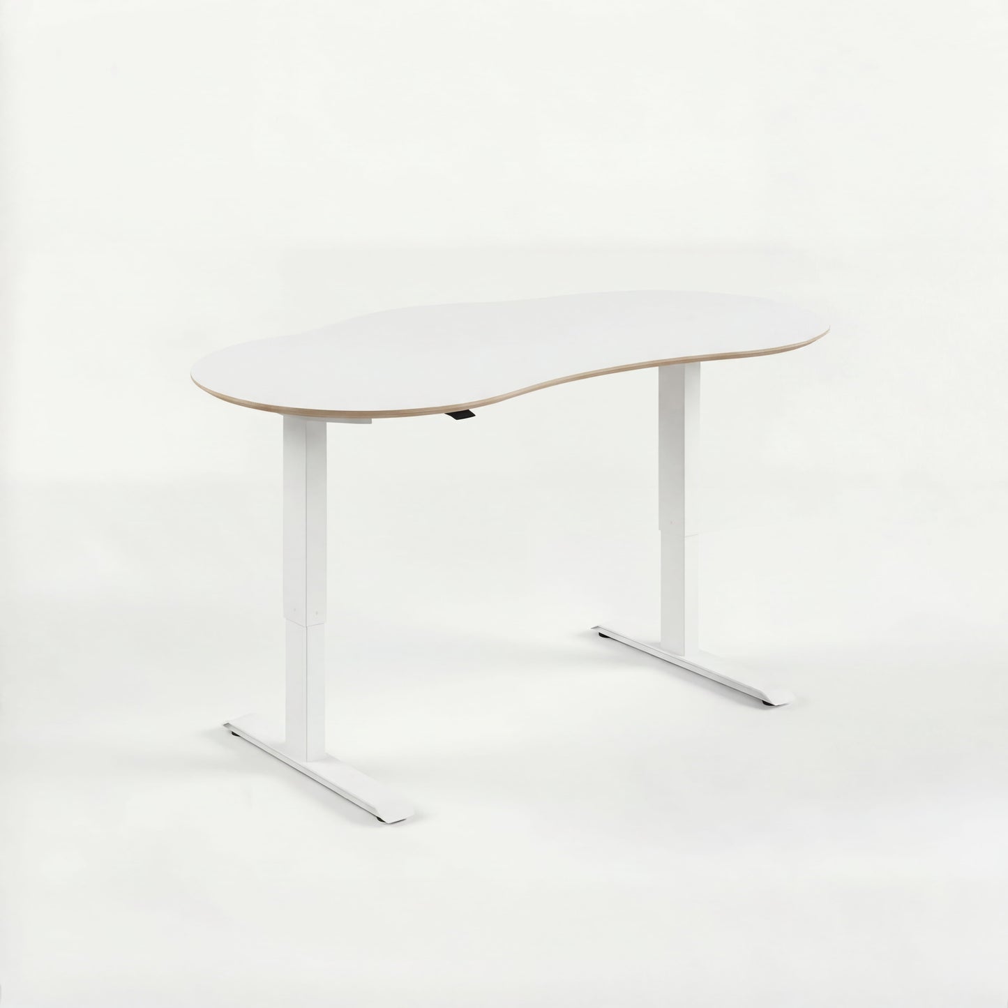 White height adjustable sit stand office desk with a minimalist design on a white background