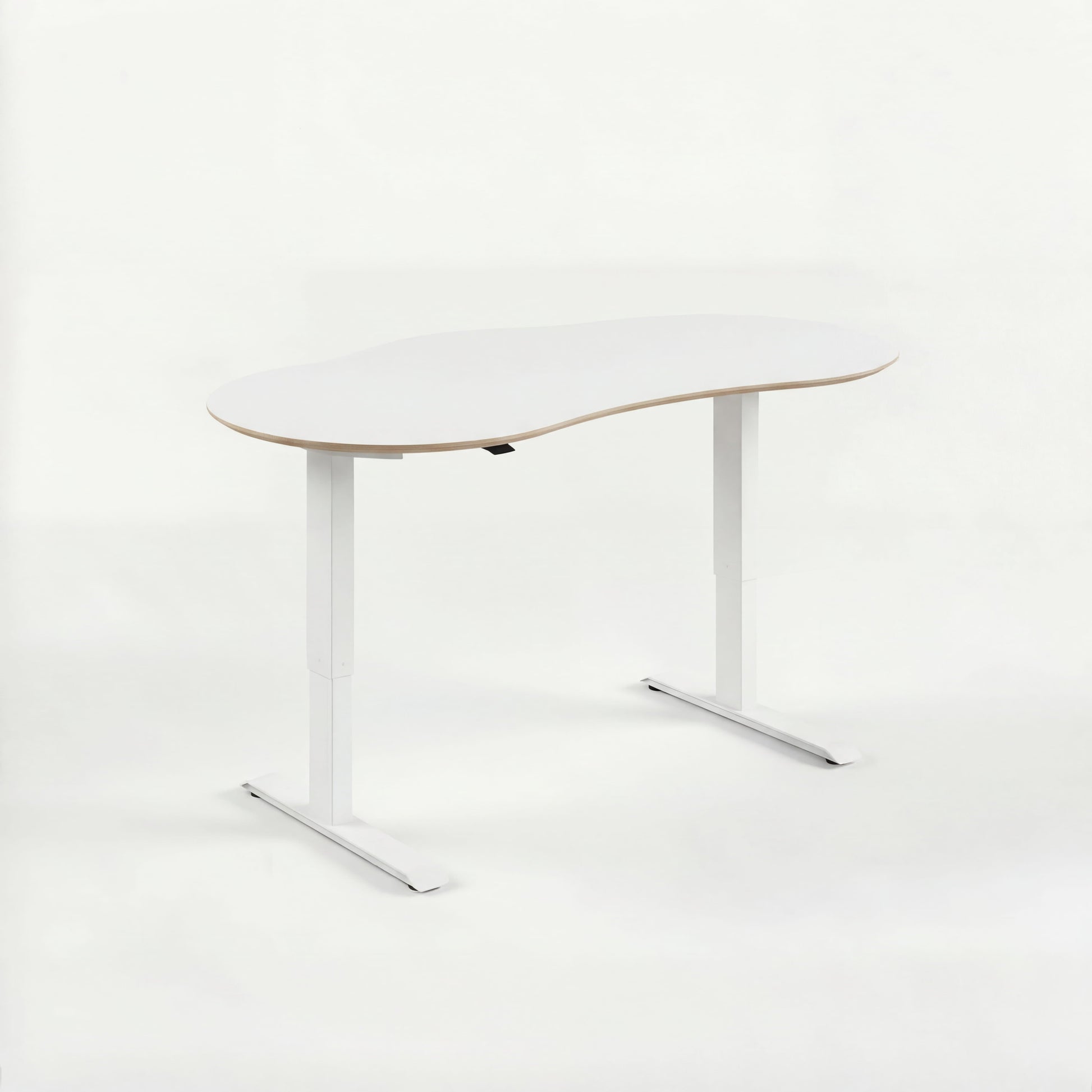 White height adjustable sit stand office desk with a minimalist design on a white background