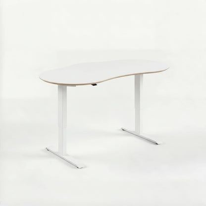 White height adjustable sit stand office desk with a minimalist design on a white background