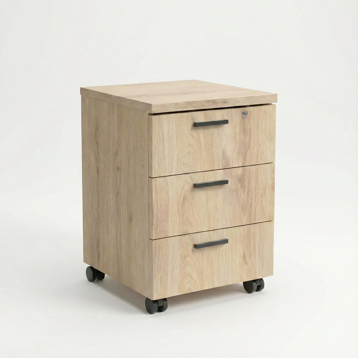 Oak color mobile storage unit with sliver handles with 3 drawers in total with black caster wheels 