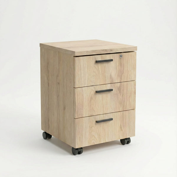 Oak color mobile storage unit with sliver handles with 3 drawers in total with black caster wheels 