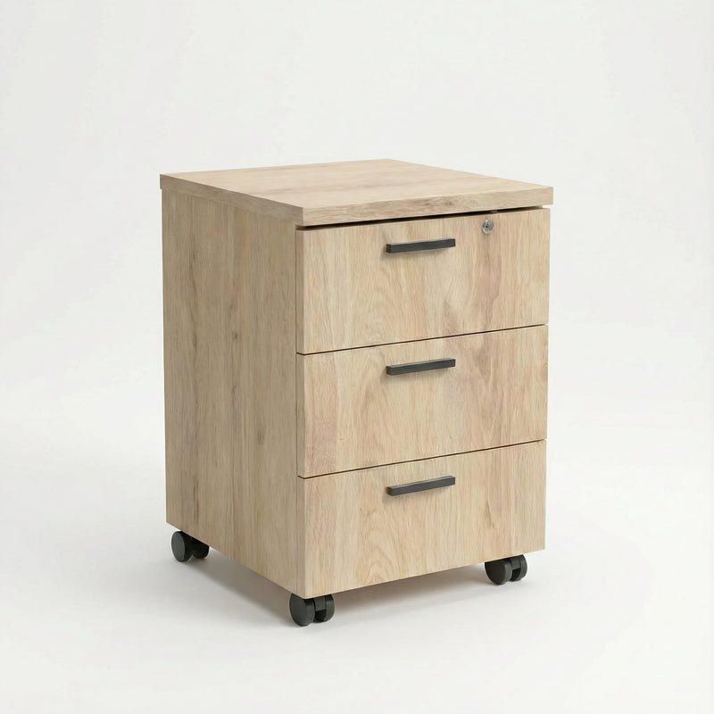Oak color mobile storage unit with sliver handles with 3 drawers in total with black caster wheels 