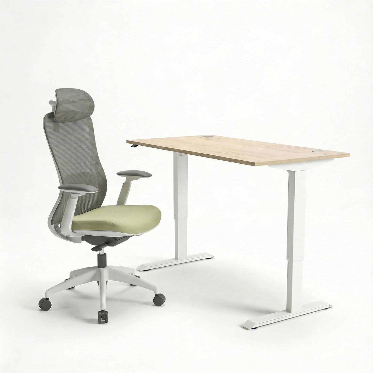 white Ergonomic chair with mesh headrest and adjustable sit stand desk on a white background