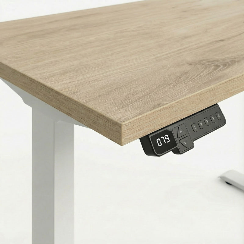 Wooden desktop on a height adjustable frame with a programable switch on a white background
