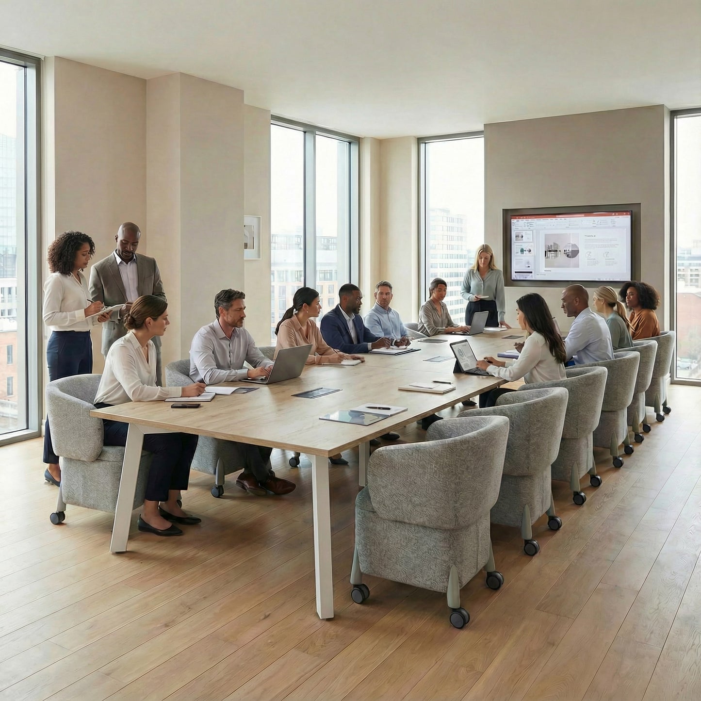 Group of people in a modern office setting around a long boardroom table with laptops.