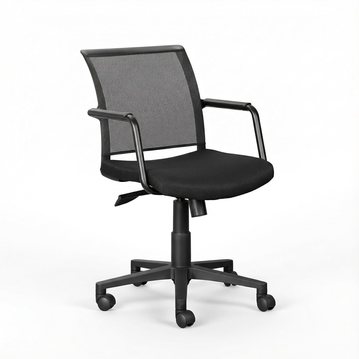 Black office meeting room chair with mesh backrest and black frame on a white background