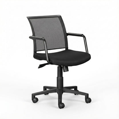 Black office meeting room chair with mesh backrest and black frame on a white background