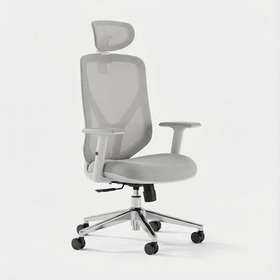 Gray ergonomic office chair with mesh back and chrome base on a white background