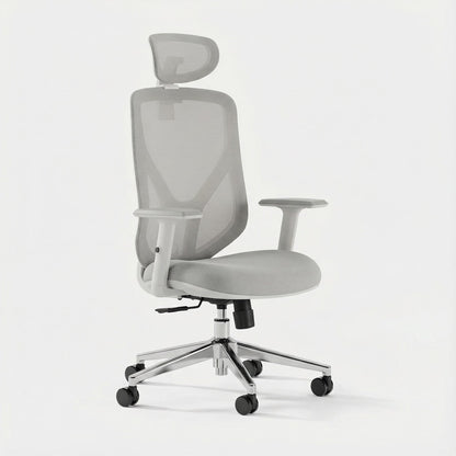 Gray ergonomic office chair with mesh back and chrome base on a white background