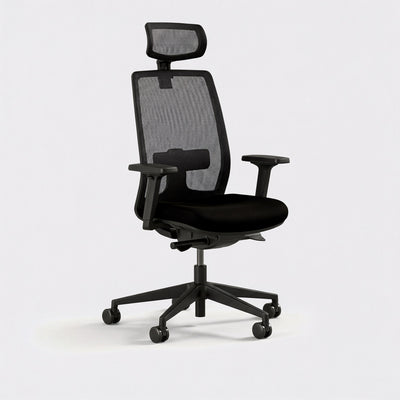 Black ergonomic office chair with mesh backrest and a mesh headrest on a white background