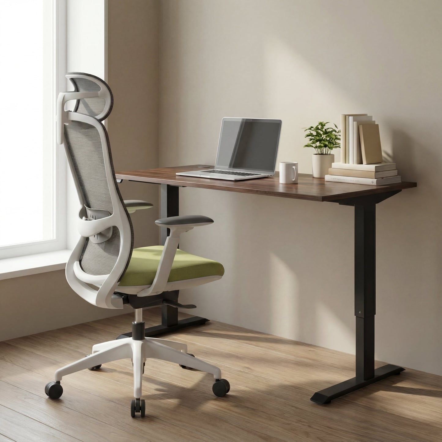 Modern height adjustable office desk with ergonomic office chair with mesh headrest and laptop in a bright room.