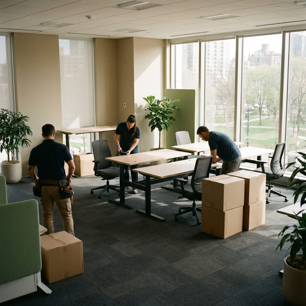 Three people working in an office with desks, chairs, and cardboard boxes.