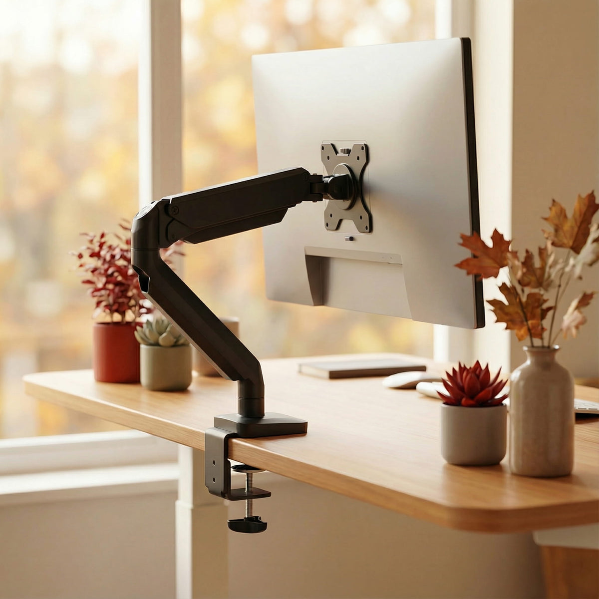 Computer monitor on a adjustable arm on a sit stand desk with decorative plants.