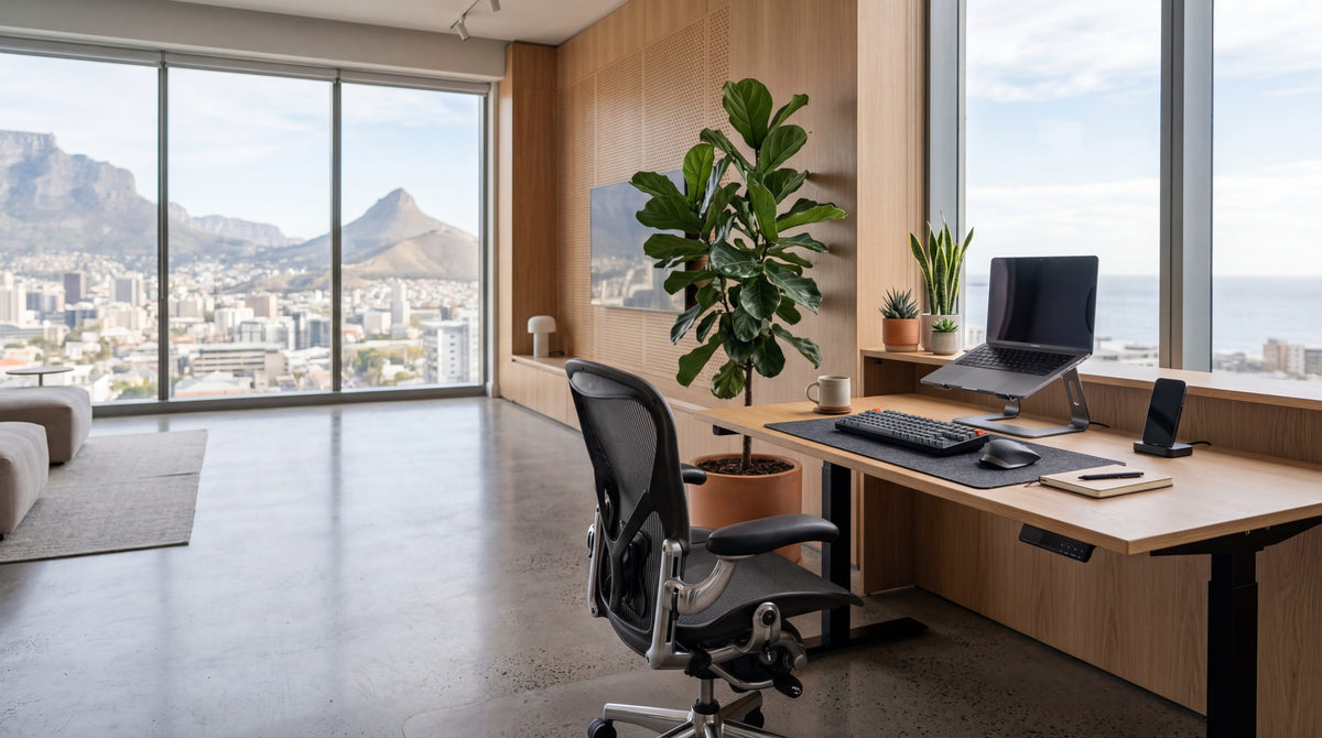 Modern office space with a standing desk, ergonomic office chair, and large windows overlooking a cityscape.